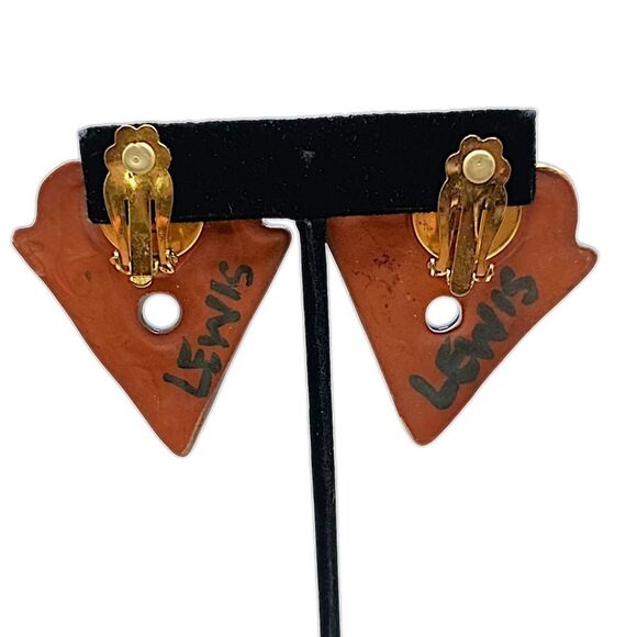 Geometric Abstract Earrings Clip On Terracotta Clay Handpainted Large Blue Gold - Picture 5 of 16